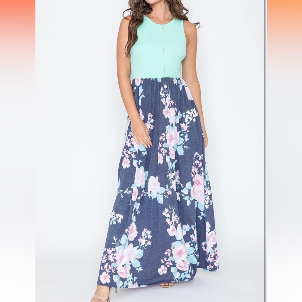 EGS by Eloges Women's Sleeveless Maxi Boho Long Dress Floral pastel aqua medium